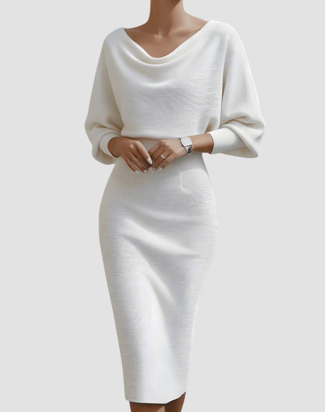 Women's Cowl Neck Batwing Sleeve Knit Pencil Midi Dress - White