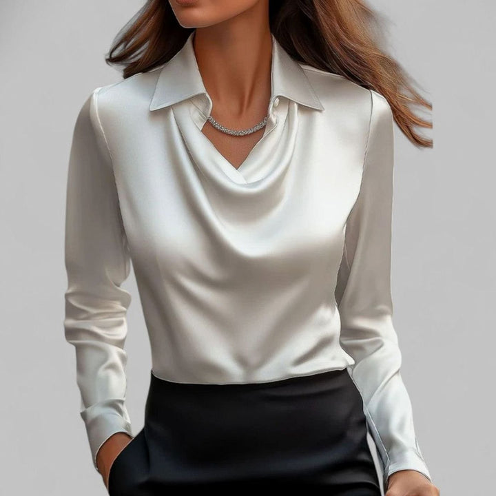 Women's Cowl Neck Long Sleeve Satin Blouse Collared Top - White