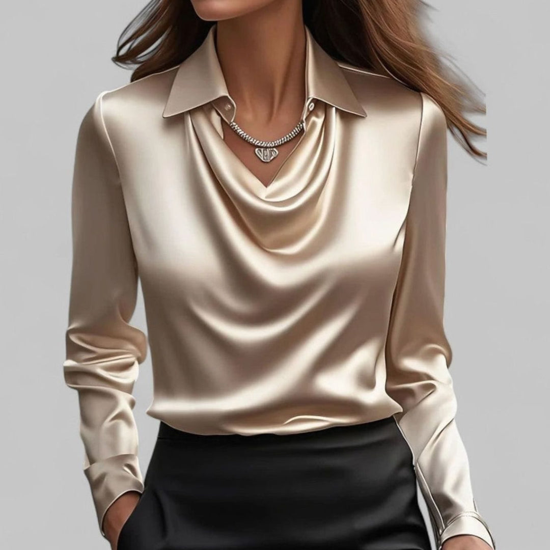 Women's Cowl Neck Long Sleeve Satin Blouse Collared Top - Champagne