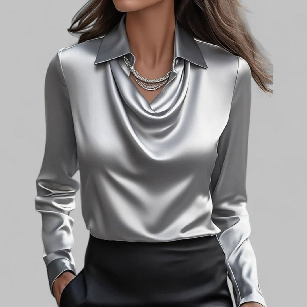 Women's Cowl Neck Long Sleeve Satin Blouse Collared Top - Grey