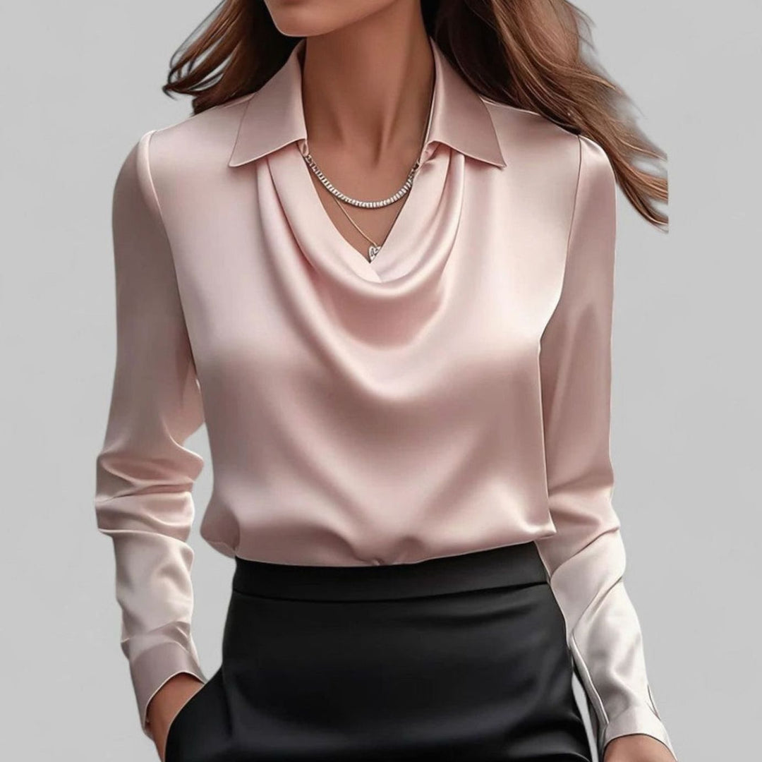 Women's Cowl Neck Long Sleeve Satin Blouse Collared Top - Pink