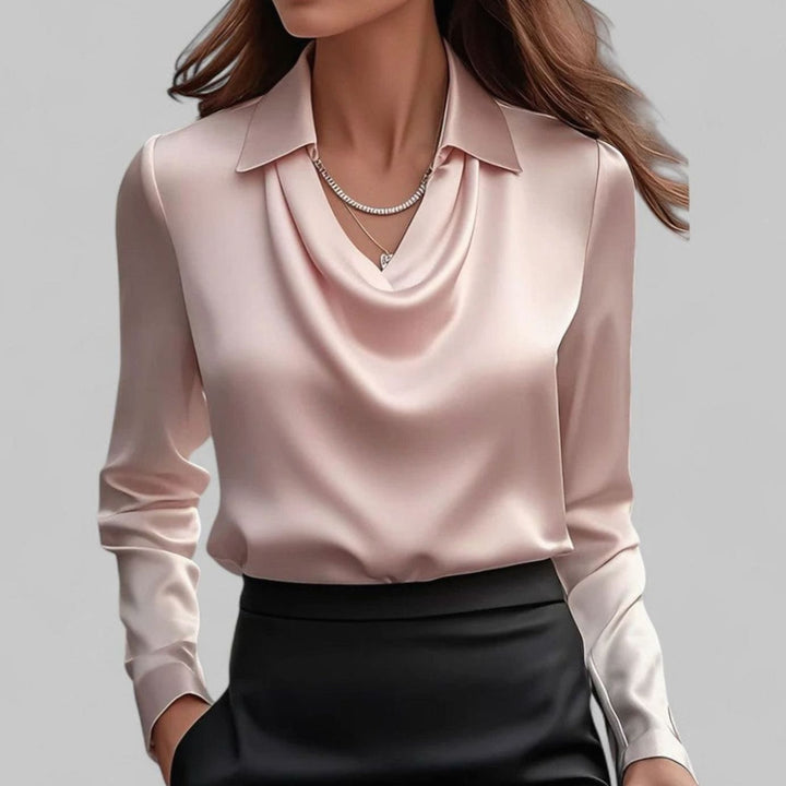 Women's Cowl Neck Long Sleeve Satin Blouse Collared Top - Pink