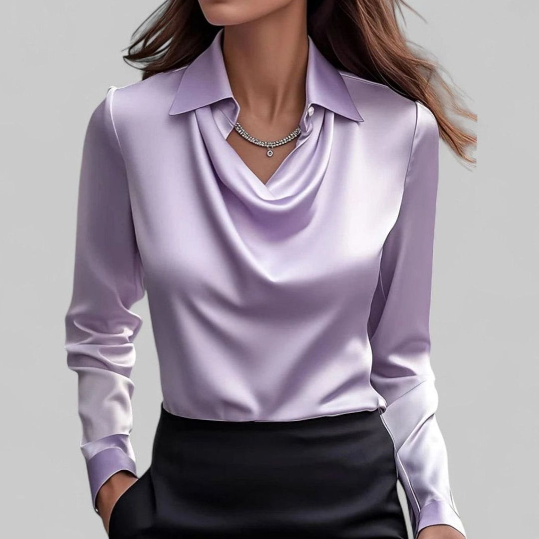 Women's Cowl Neck Long Sleeve Satin Blouse Collared Top - Purple