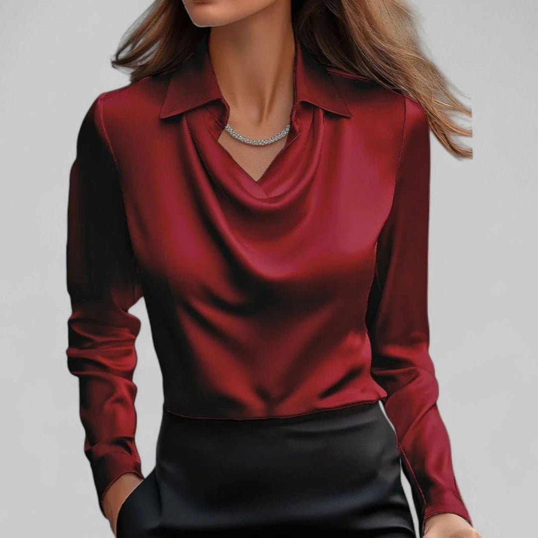Women's Cowl Neck Long Sleeve Satin Blouse Collared Top - Red