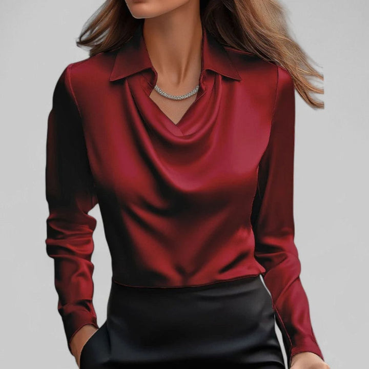 Women's Cowl Neck Long Sleeve Satin Blouse Collared Top - Red