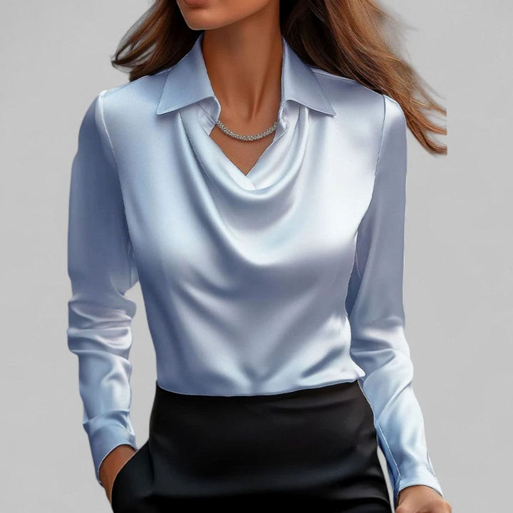 Women's Cowl Neck Long Sleeve Satin Blouse Collared Top - Blue
