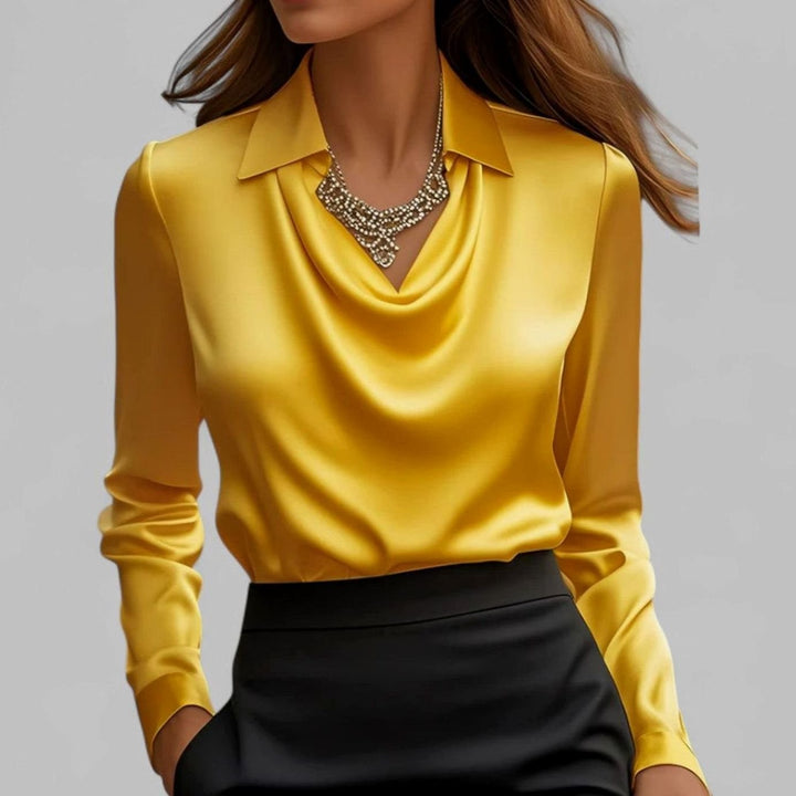 Women's Cowl Neck Long Sleeve Satin Blouse Collared Top - Yellow