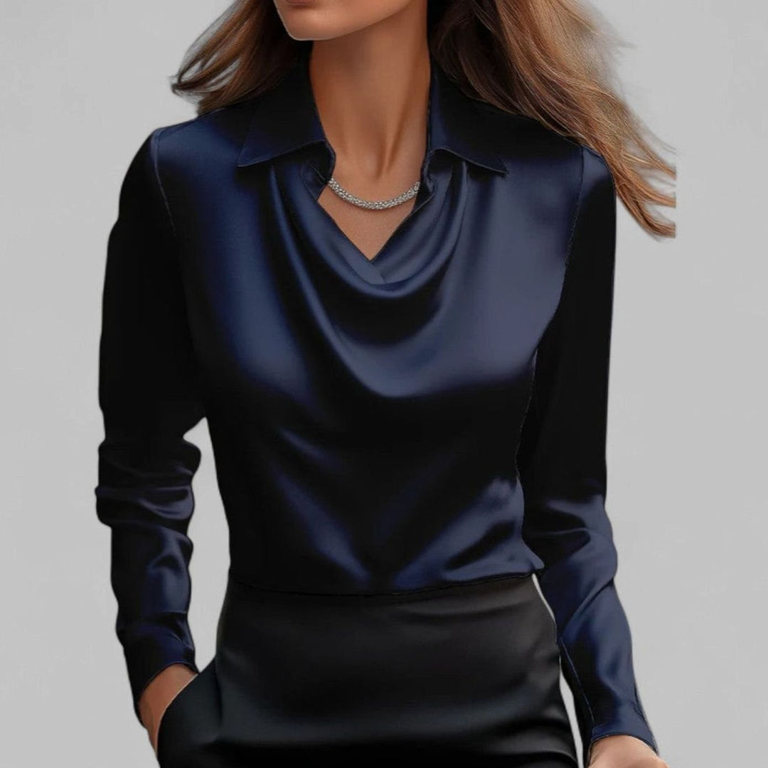 Women's Cowl Neck Long Sleeve Satin Blouse Collared Top - Navy Blue