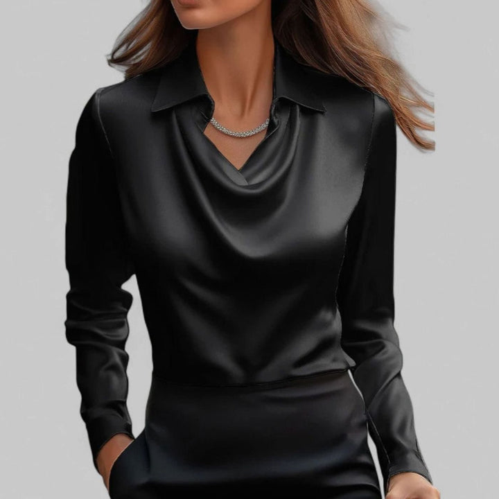 Women's Cowl Neck Long Sleeve Satin Blouse Collared Top - Black