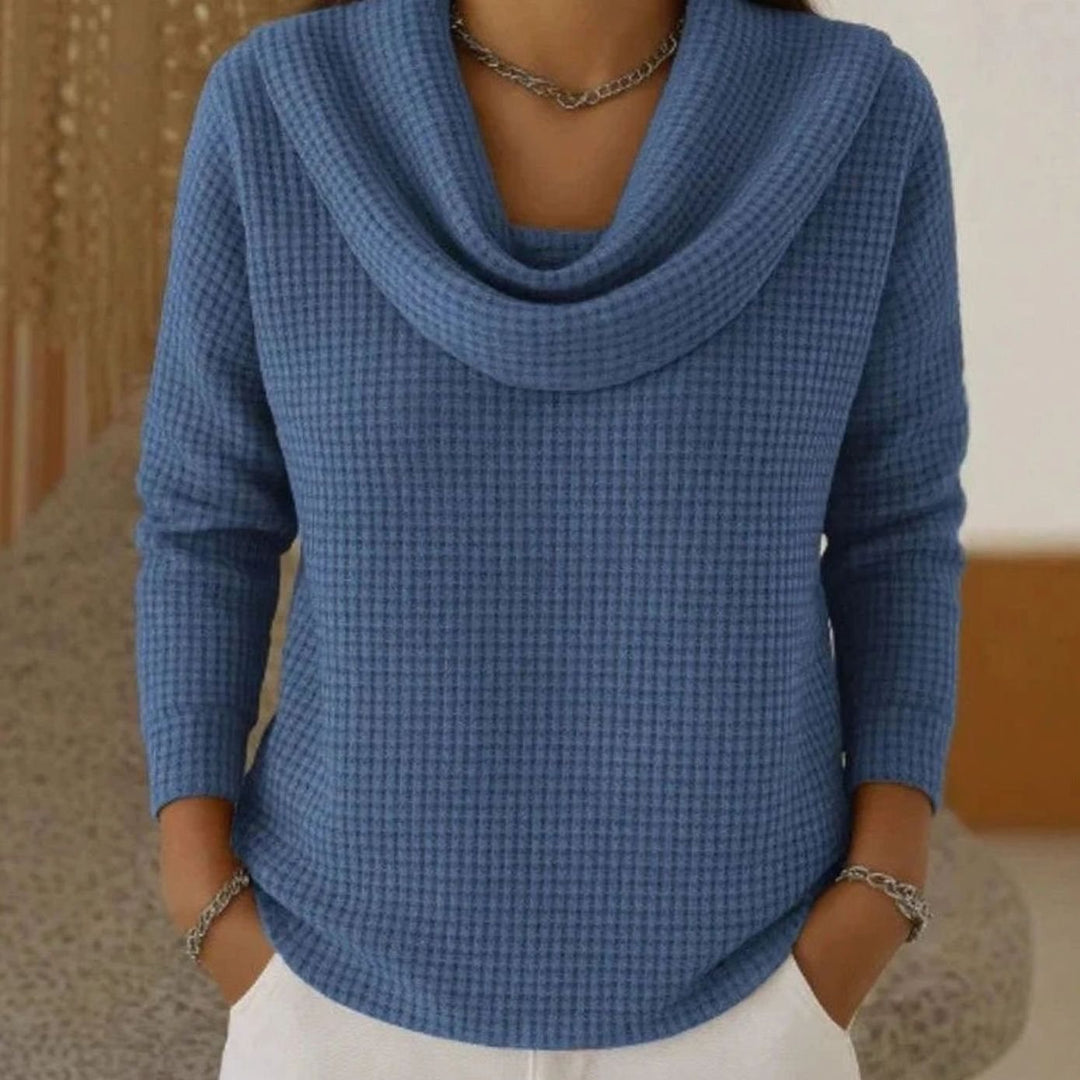 Women's Cowl-Neck Waffle Knit Sweater Long-Sleeve Pullover Top - Blue