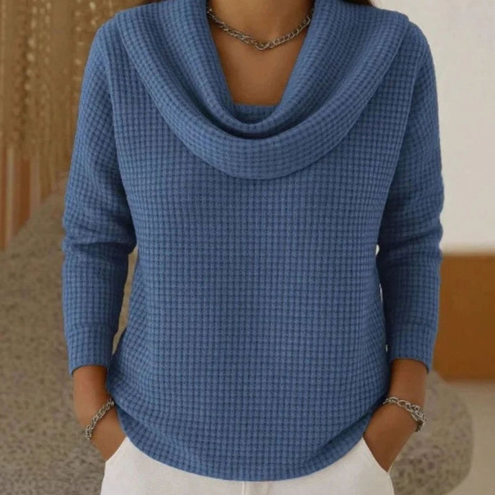 Women's Cowl-Neck Waffle Knit Sweater Long-Sleeve Pullover Top - Blue