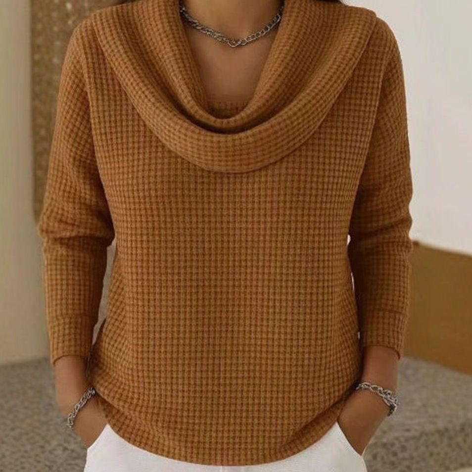 Women's Cowl-Neck Waffle Knit Sweater Long-Sleeve Pullover Top - Brown