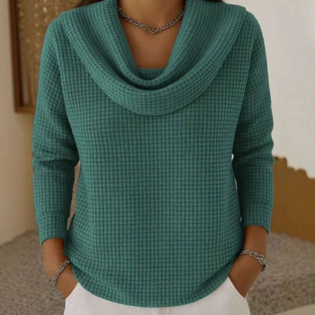 Women's Cowl-Neck Waffle Knit Sweater Long-Sleeve Pullover Top - Green