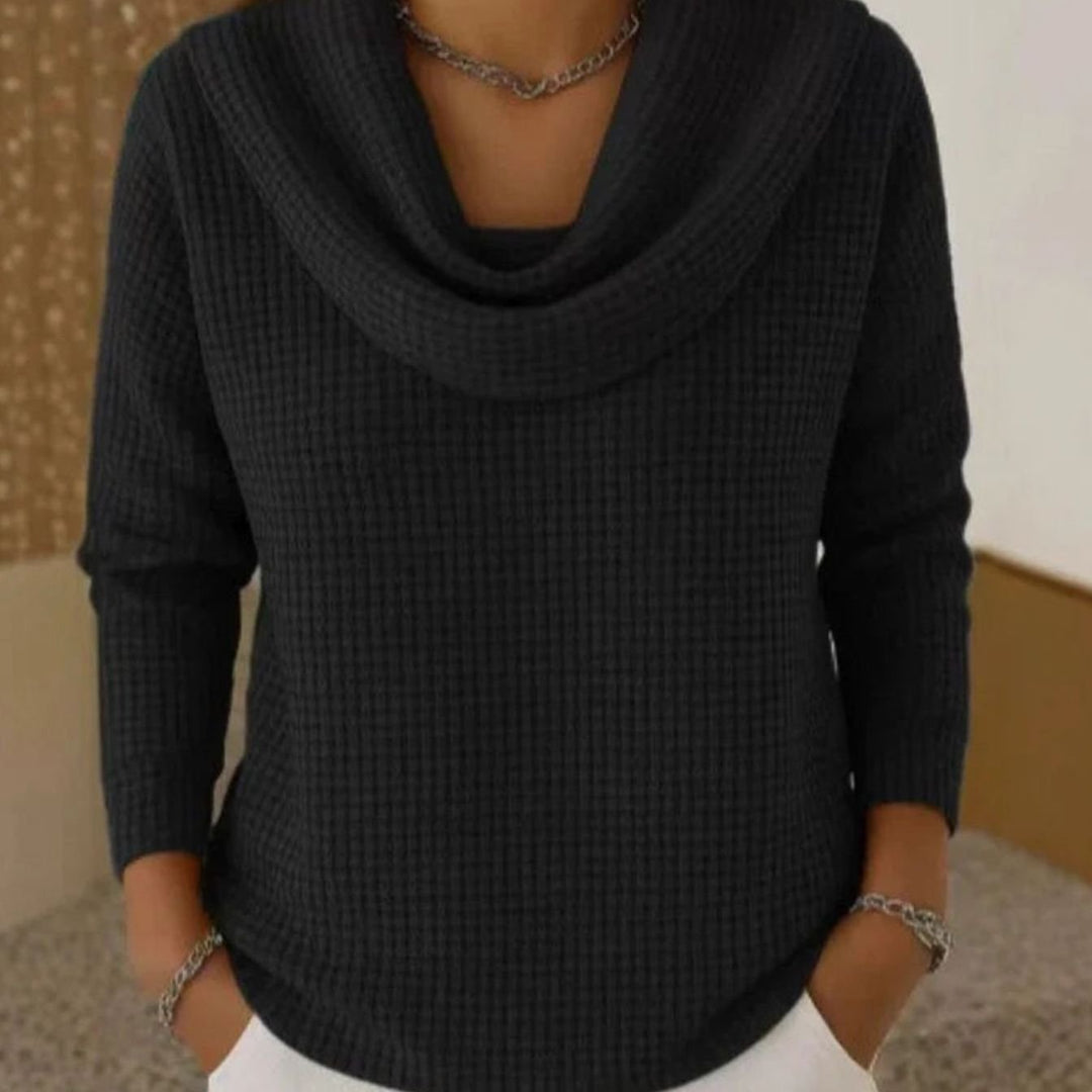Women's Cowl-Neck Waffle Knit Sweater Long-Sleeve Pullover Top - Black