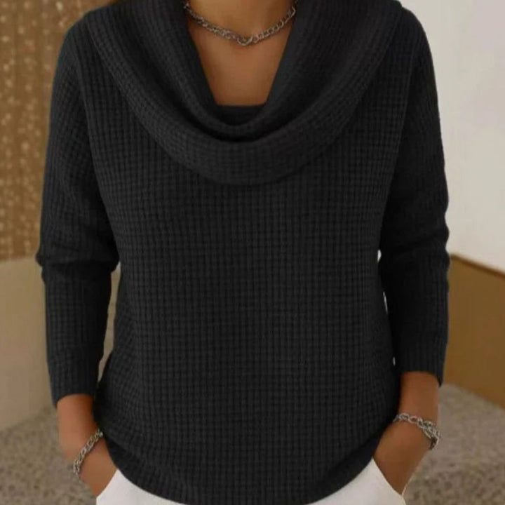 Women's Cowl-Neck Waffle Knit Sweater Long-Sleeve Pullover Top - Black