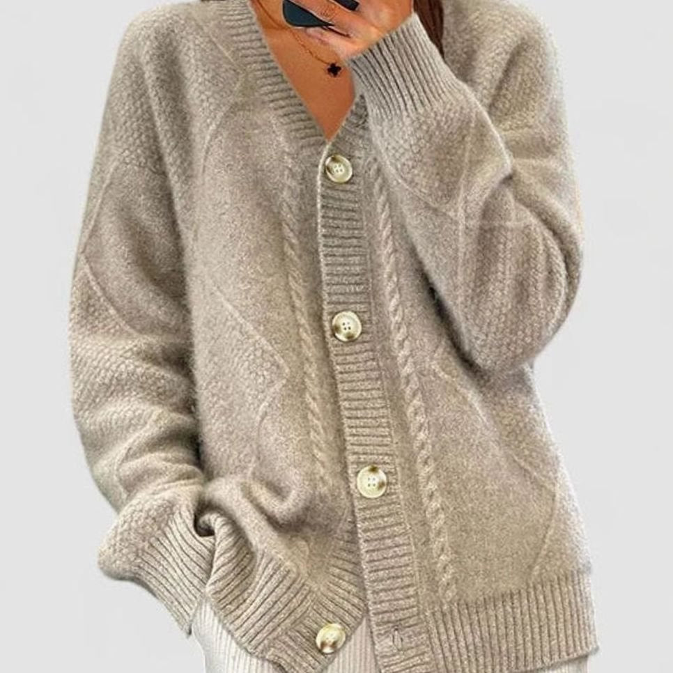 Women's Cozy Comfortable Cardigan V-Neck Cable-Knit Button-Front Sweater - Khaki