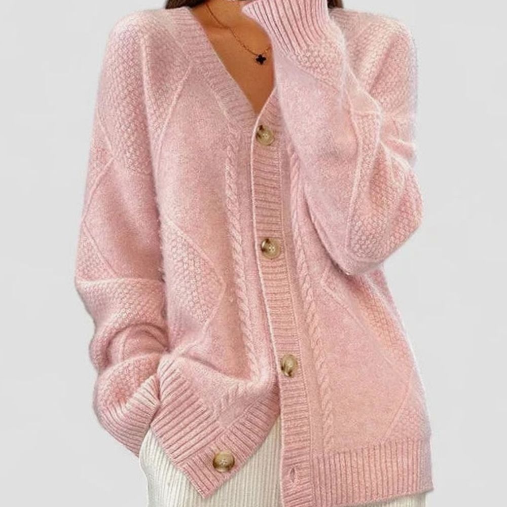 Women's Cozy Comfortable Cardigan V-Neck Cable-Knit Button-Front Sweater - Pink