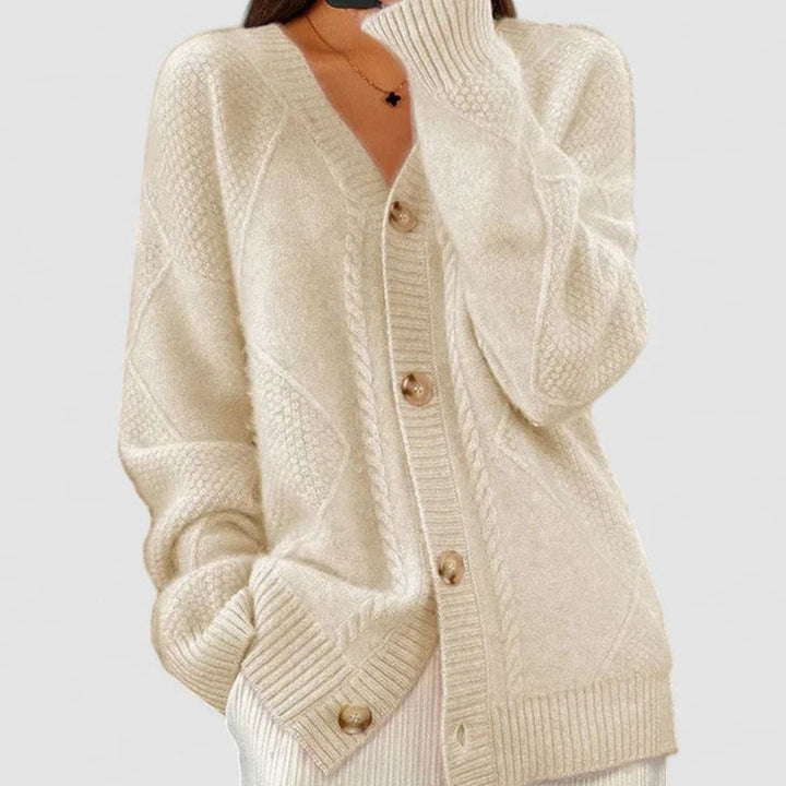 Women's Cozy Comfortable Cardigan V-Neck Cable-Knit Button-Front Sweater - Apricot