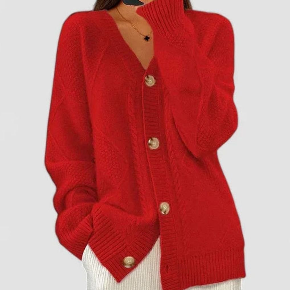 Women's Cozy Comfortable Cardigan V-Neck Cable-Knit Button-Front Sweater - Red