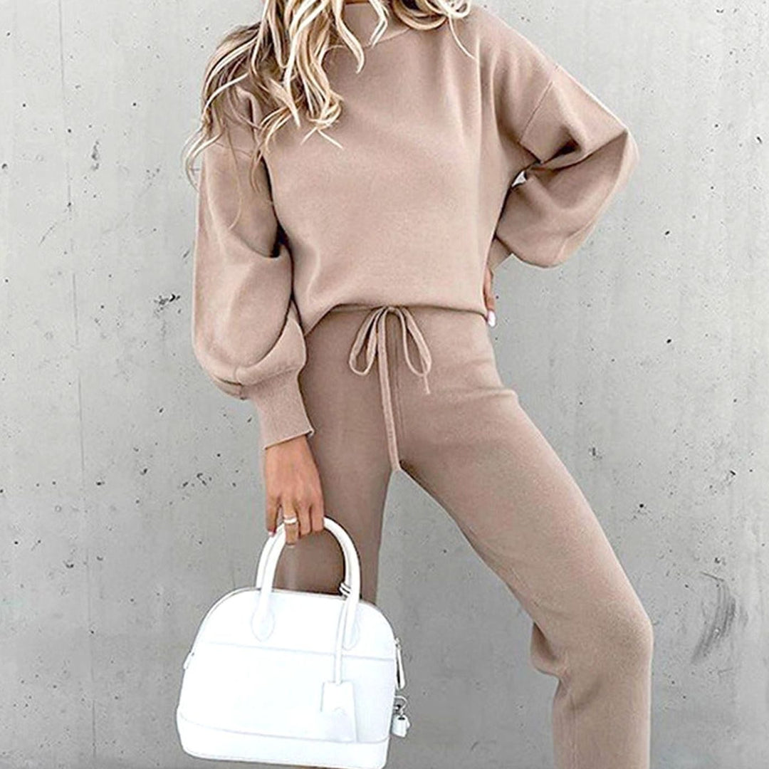 Women's Cozy Two-Piece Relaxed-Fit Crewneck Tracksuit Outfit - Grey Pink