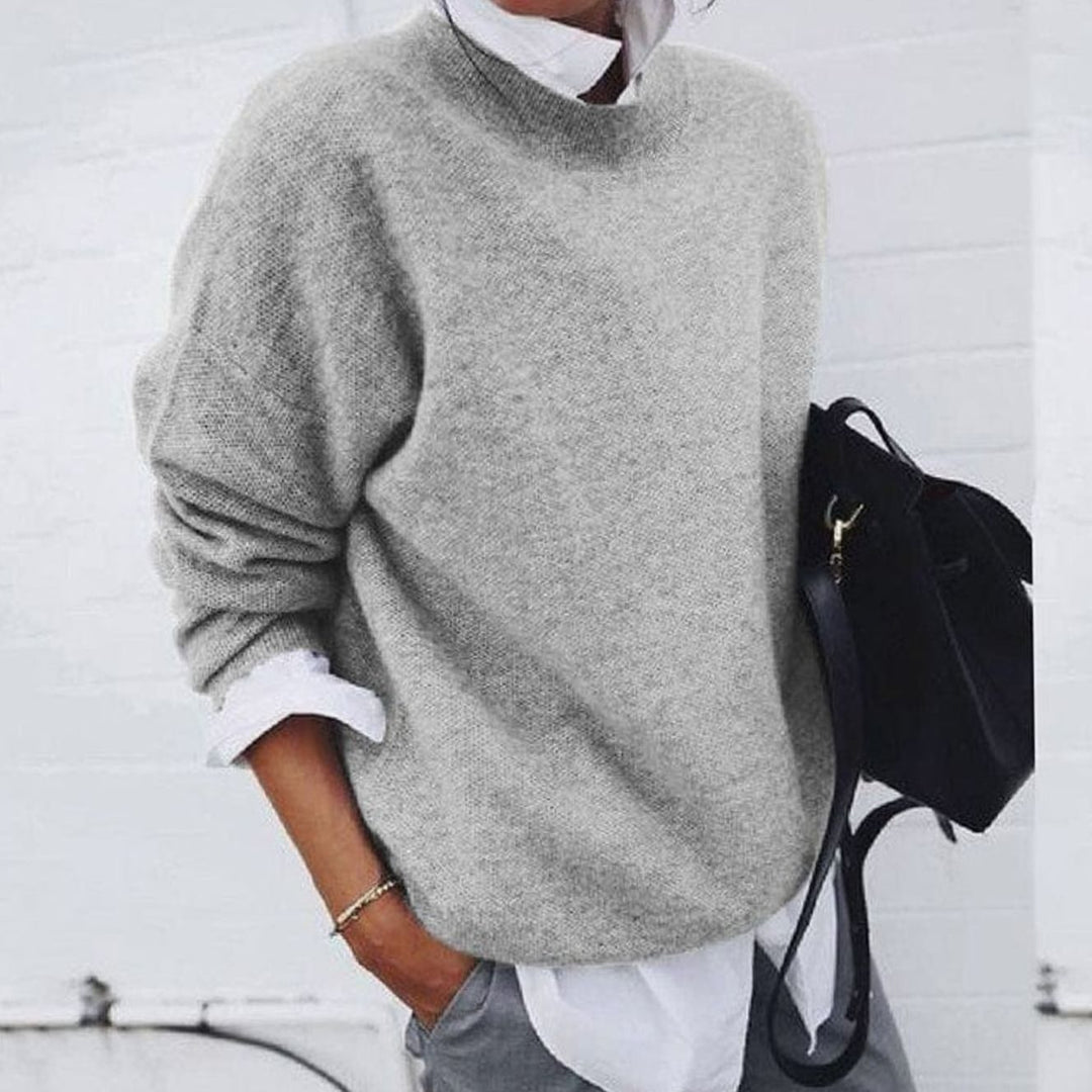 Women's Crew Neck Pullover Sweater Relaxed-Fit Long Sleeve Knit - Grey
