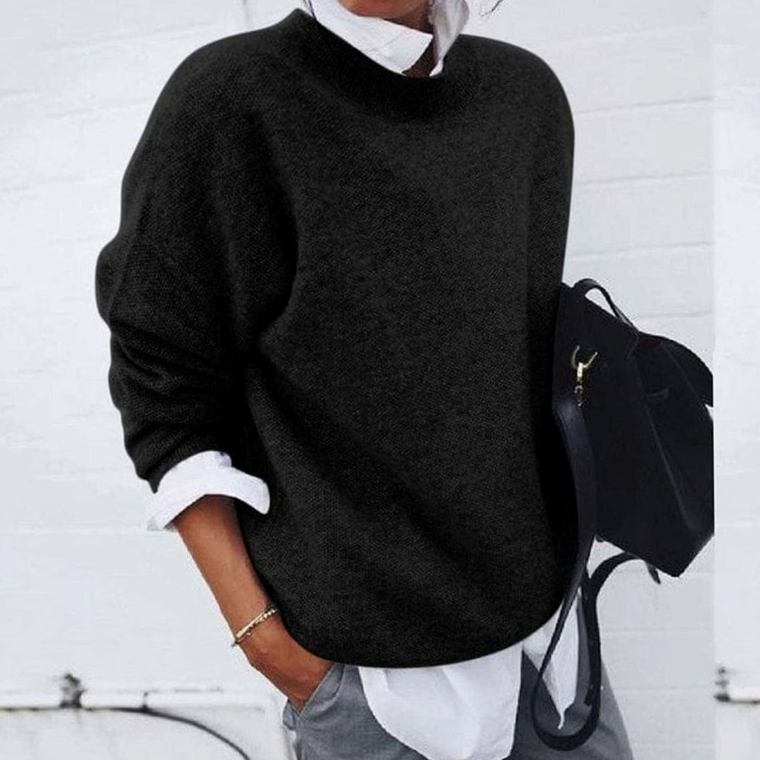 Women's Crew Neck Pullover Sweater Relaxed-Fit Long Sleeve Knit - Black