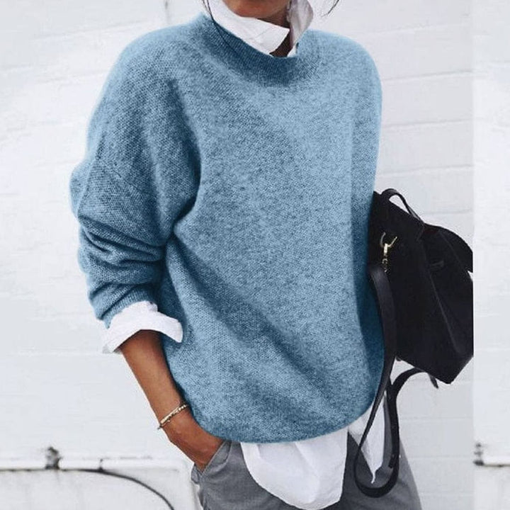 Women's Crew Neck Pullover Sweater Relaxed-Fit Long Sleeve Knit - Blue