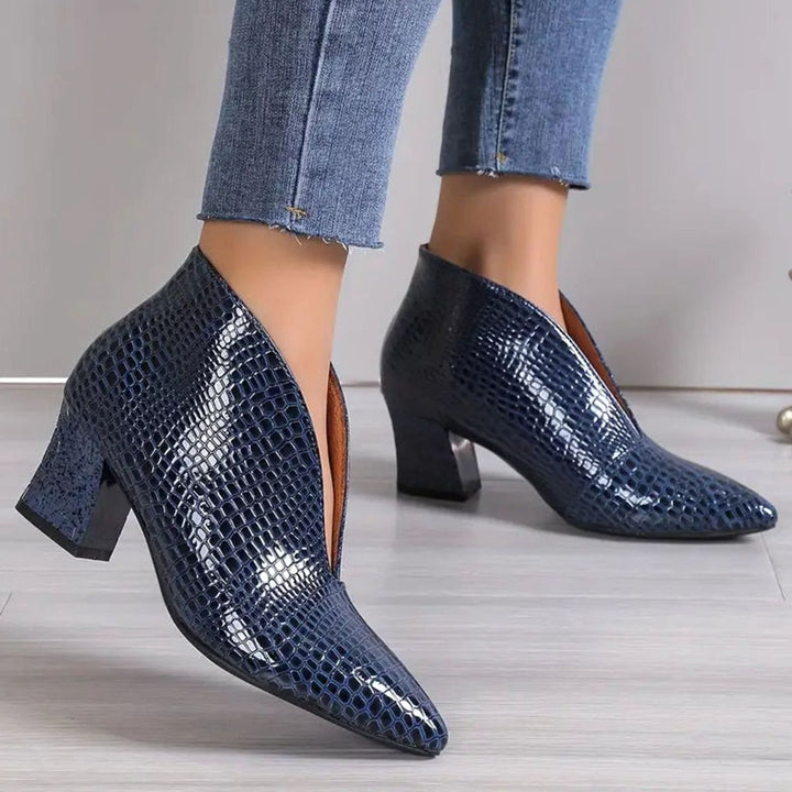 Women's Croc-Embossed V-Cut Pointed-Toe Block-Heel Ankle Boots - Royal Blue