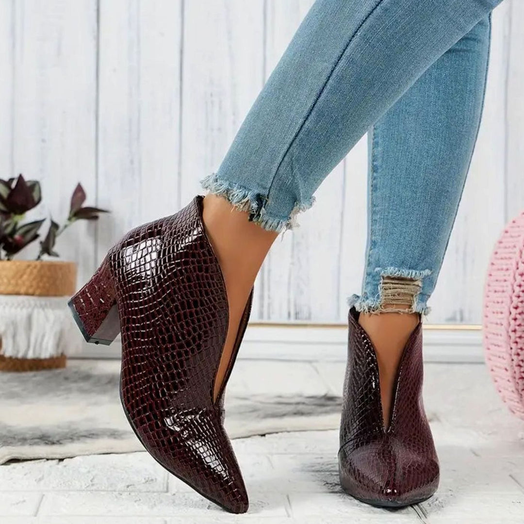 Women's Croc-Embossed V-Cut Pointed-Toe Block-Heel Ankle Boots - Burgundy