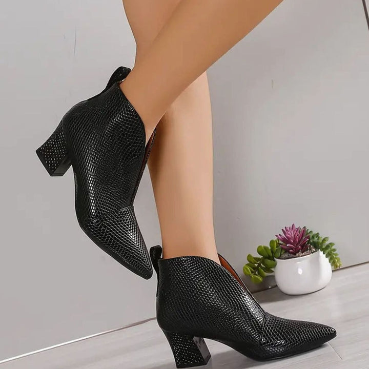 Women's Croc-Embossed V-Cut Pointed-Toe Block-Heel Ankle Boots