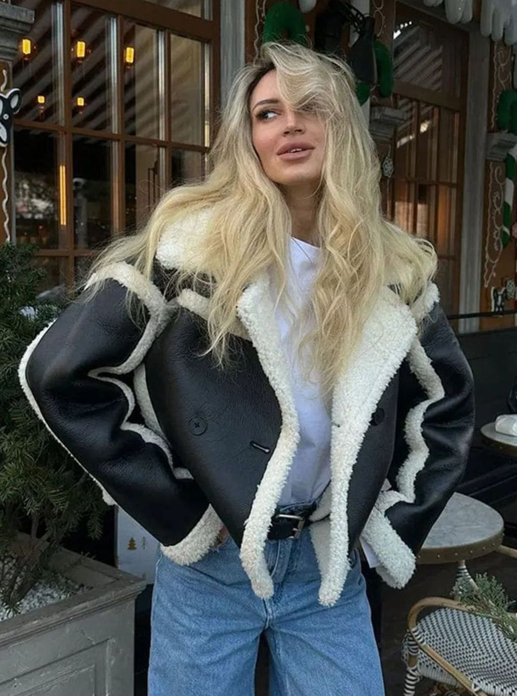 Women's Cropped Faux Leather Shearling Jacket Notch-Lapel Coat - Black