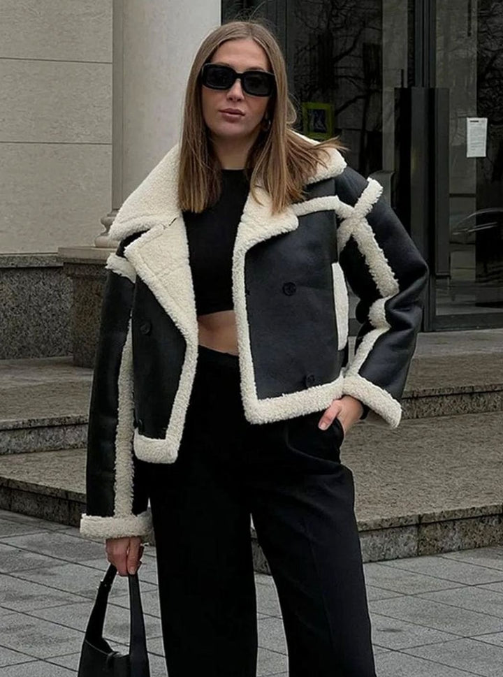Women's Cropped Faux Leather Shearling Jacket Notch-Lapel Coat