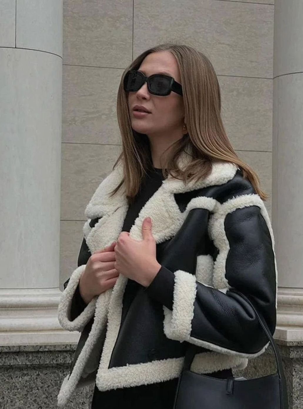 Women's Cropped Faux Leather Shearling Jacket Notch-Lapel Coat