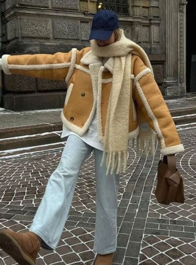 Women's Cropped Faux Leather Shearling Jacket Notch-Lapel Coat
