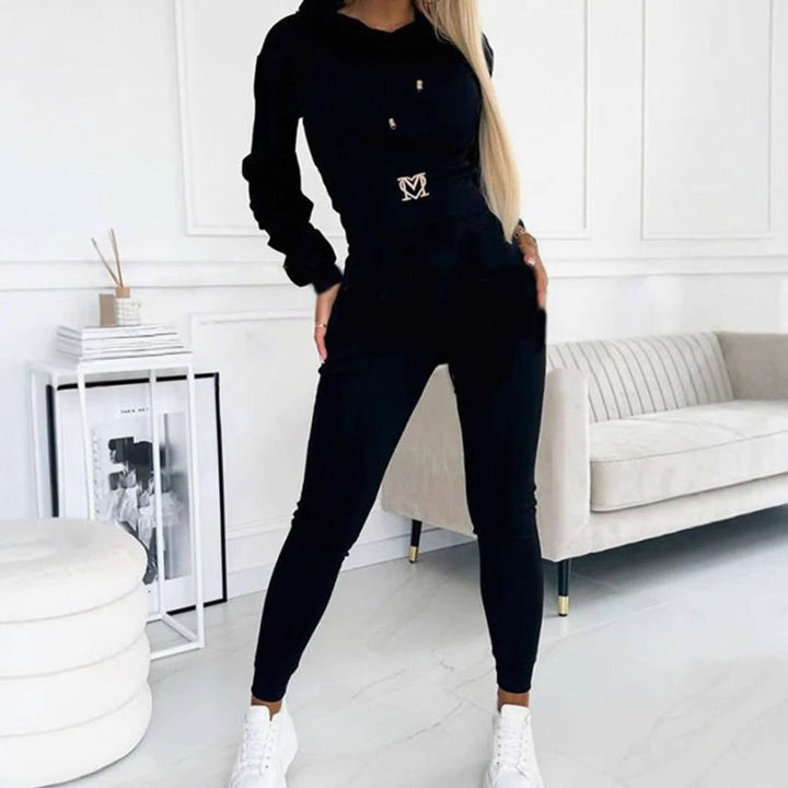 Women's Cropped Hoodie High-Waist Jogger Comfortable Set - Black