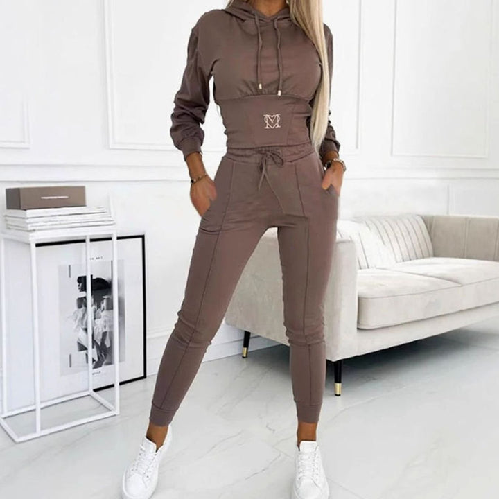Women's Cropped Hoodie High-Waist Jogger Comfortable Set - Brown