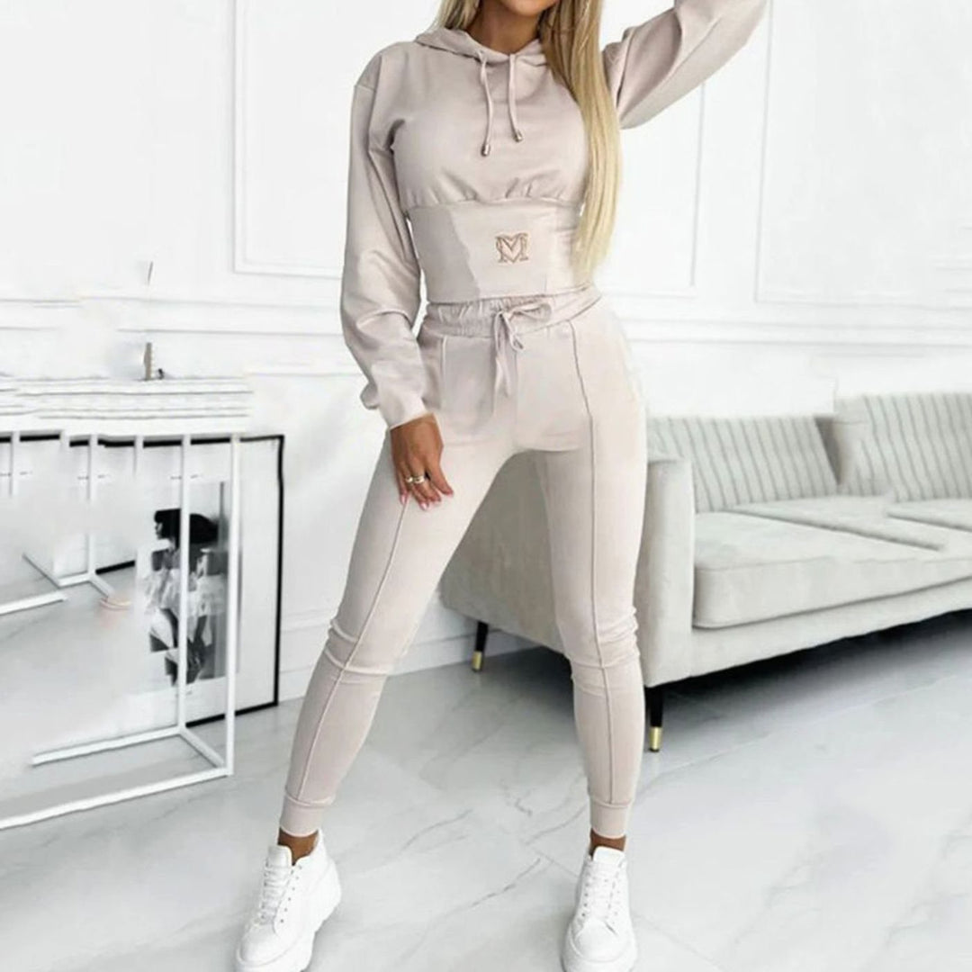 Women's Cropped Hoodie High-Waist Jogger Comfortable Set - Beige