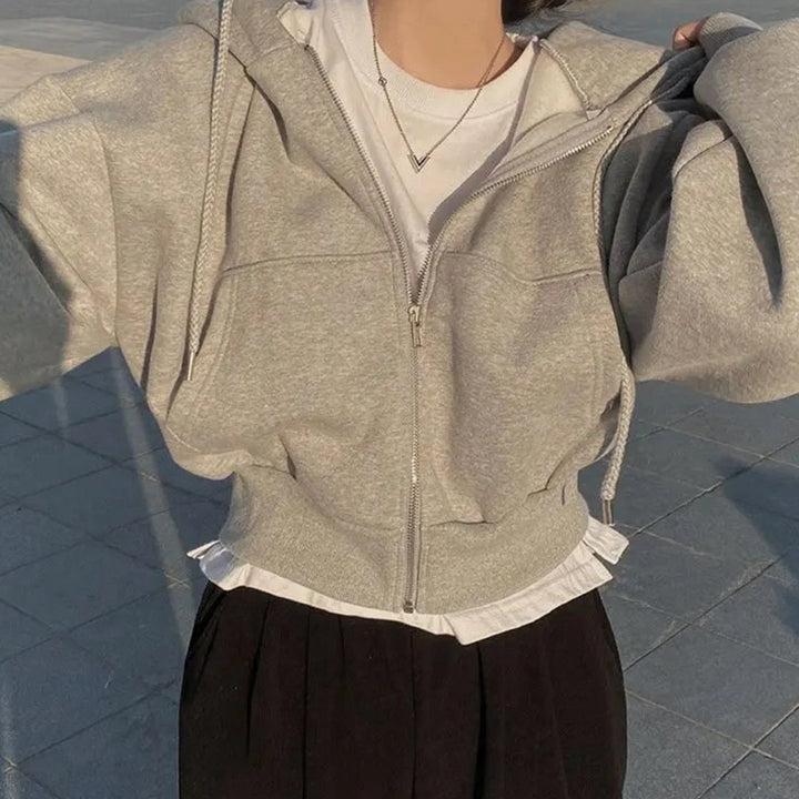 Women's Cropped Zip-Up Hoodie Cozy Full-Zip Fleece Sweatshirt - Light Grey