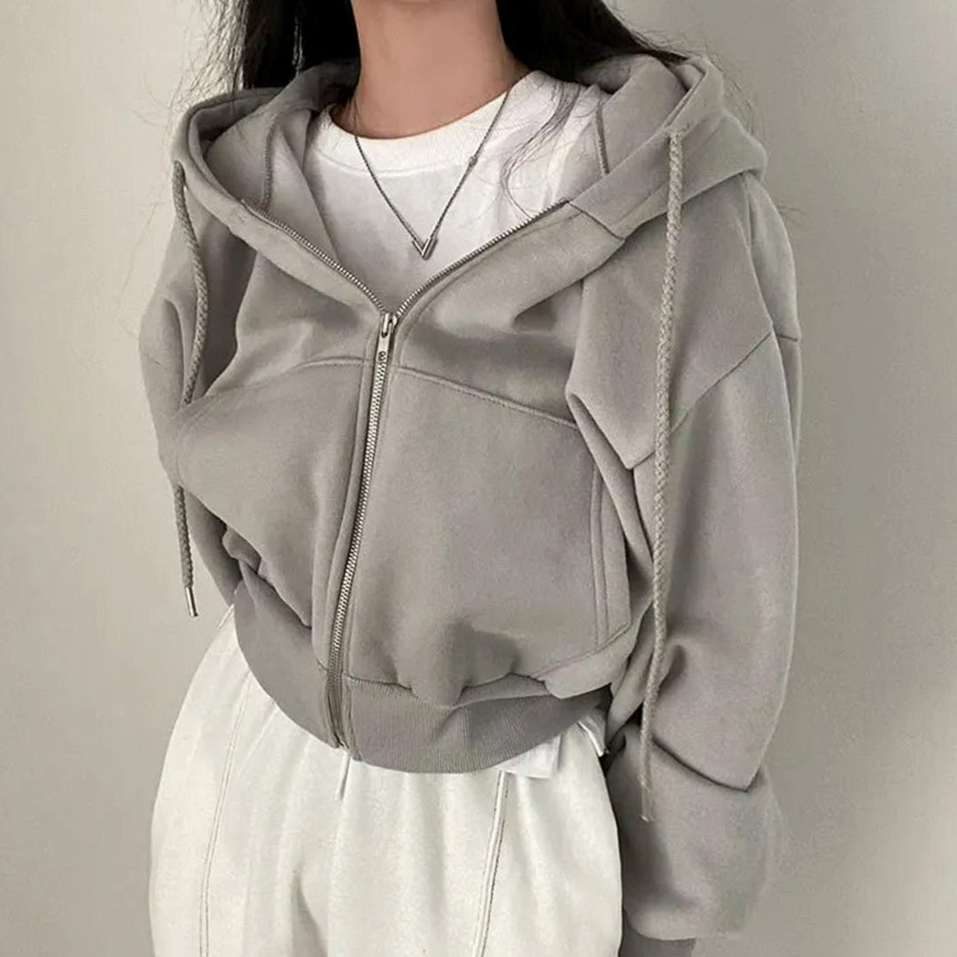 Women's Cropped Zip-Up Hoodie Cozy Full-Zip Fleece Sweatshirt - Grey
