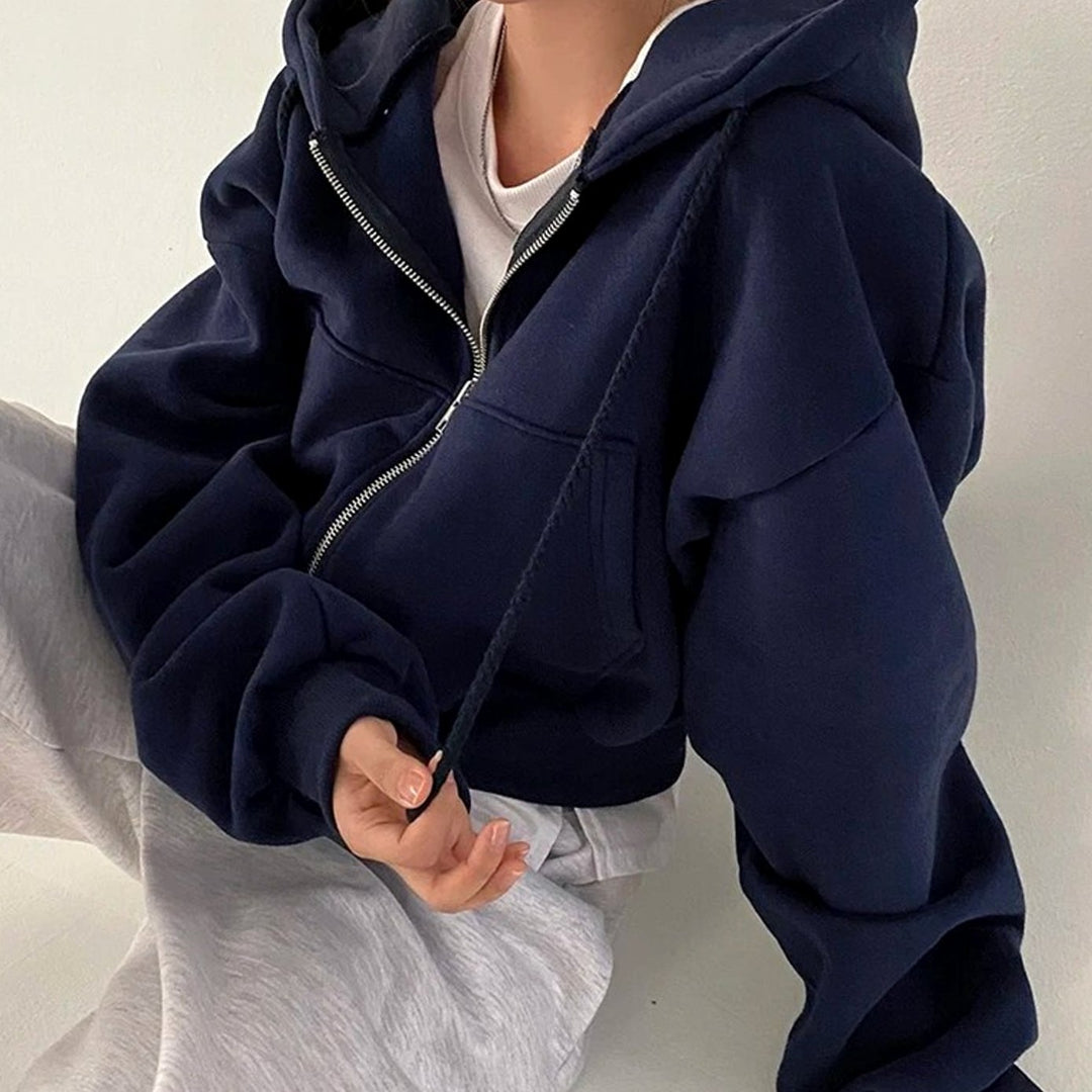 Women's Cropped Zip-Up Hoodie Cozy Full-Zip Fleece Sweatshirt - Blue