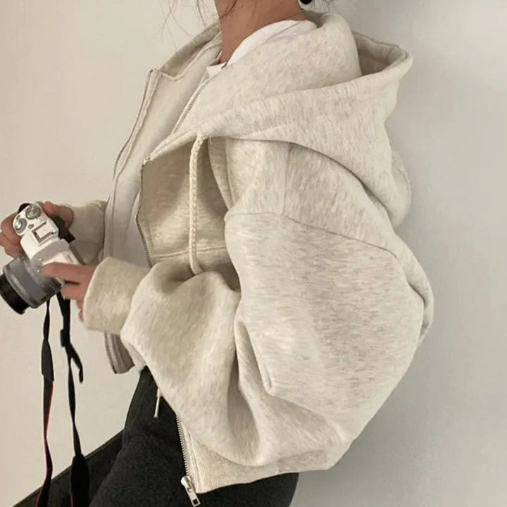 Women's Cropped Zip-Up Hoodie Cozy Full-Zip Fleece Sweatshirt - Beige