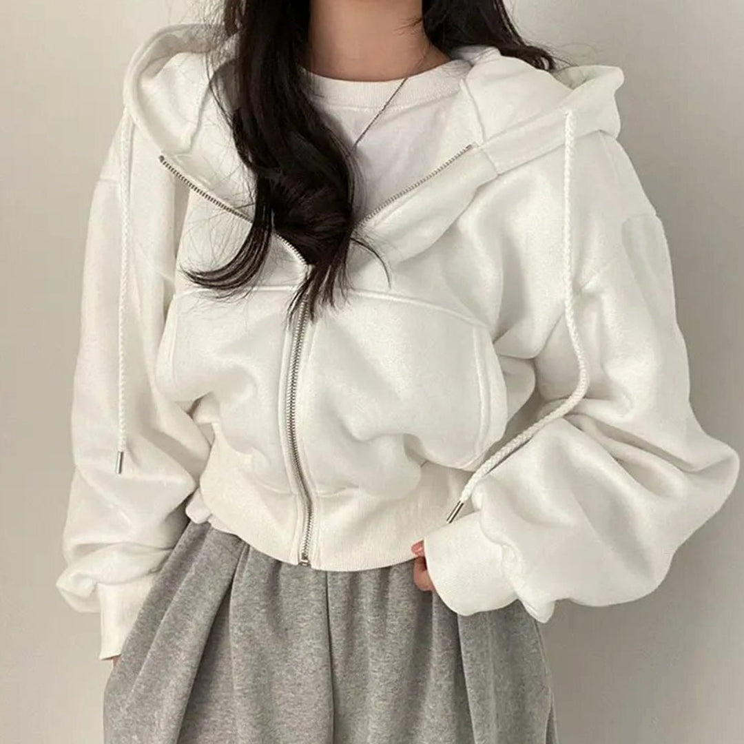 Women's Cropped Zip-Up Hoodie Cozy Full-Zip Fleece Sweatshirt - White
