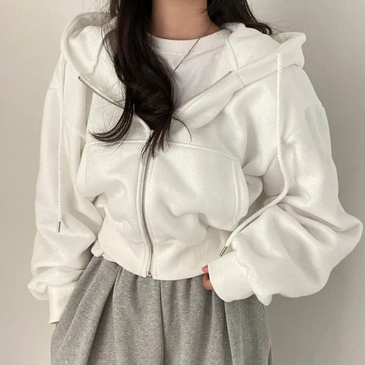 Women's Cropped Zip-Up Hoodie Cozy Full-Zip Fleece Sweatshirt - White