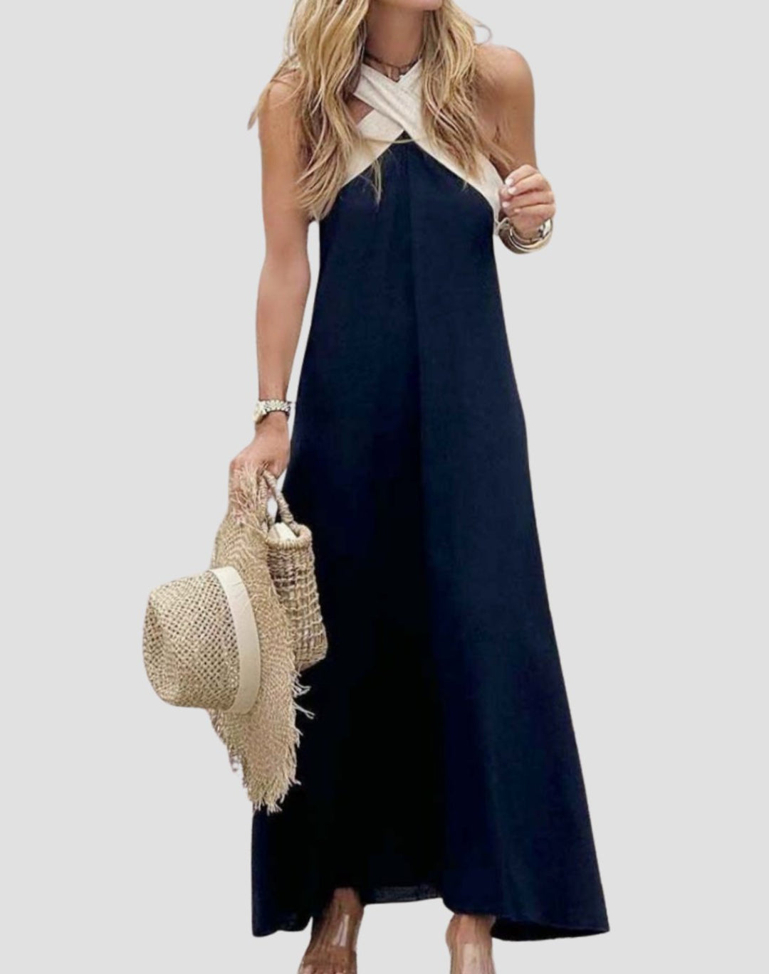 Women's Cross-Neck Halter A-Line Maxi Dress - Black