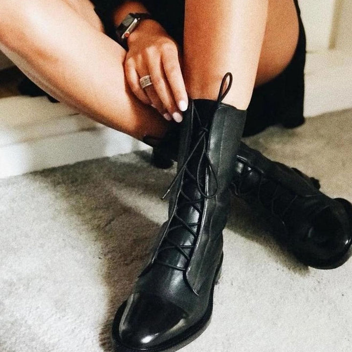 Women's Cushioned Lace-Up Mid-Calf Leather Boots - Black