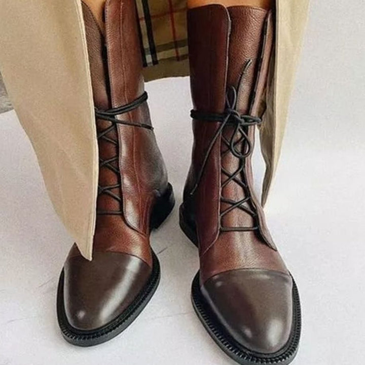 Women's Cushioned Lace-Up Mid-Calf Leather Boots - Brown