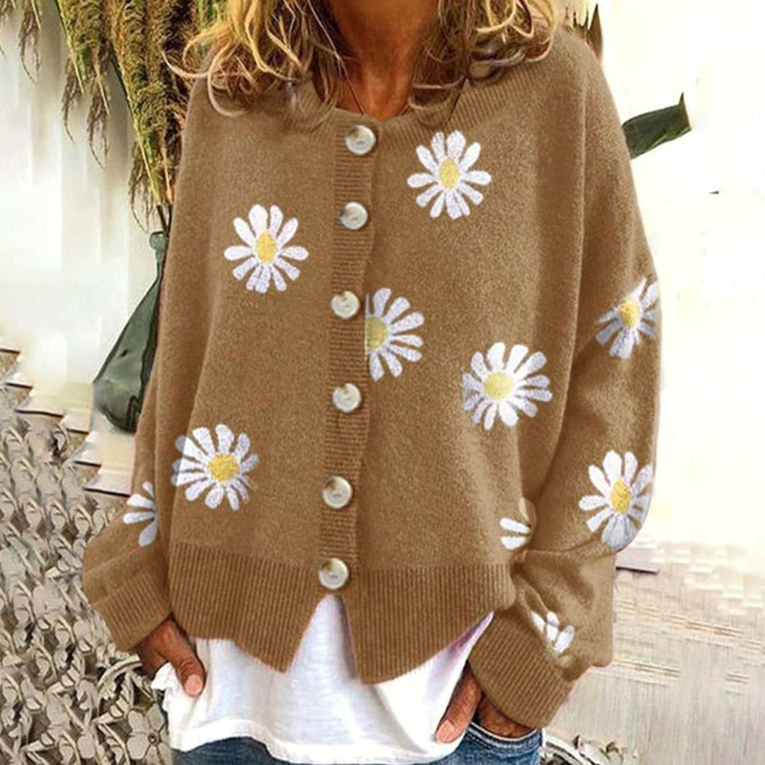 Women's Daisy Floral Button-Up Relaxed-Fit Knit Winter Cardigan - Khaki