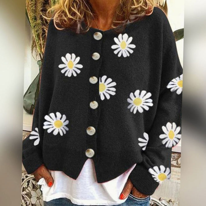 Women's Daisy Floral Button-Up Relaxed-Fit Knit Winter Cardigan - Black
