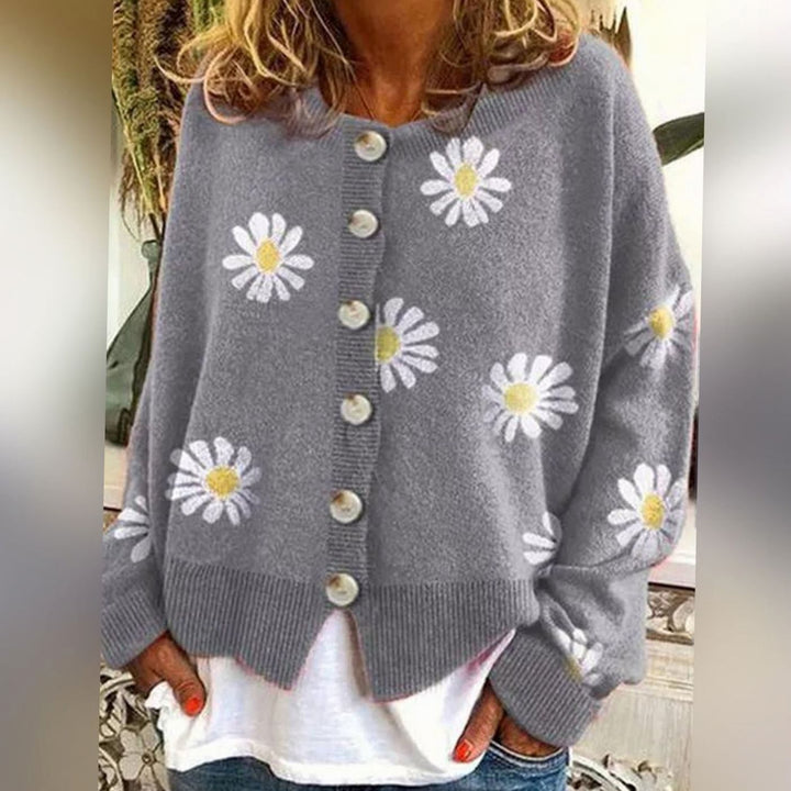 Women's Daisy Floral Button-Up Relaxed-Fit Knit Winter Cardigan - Grey