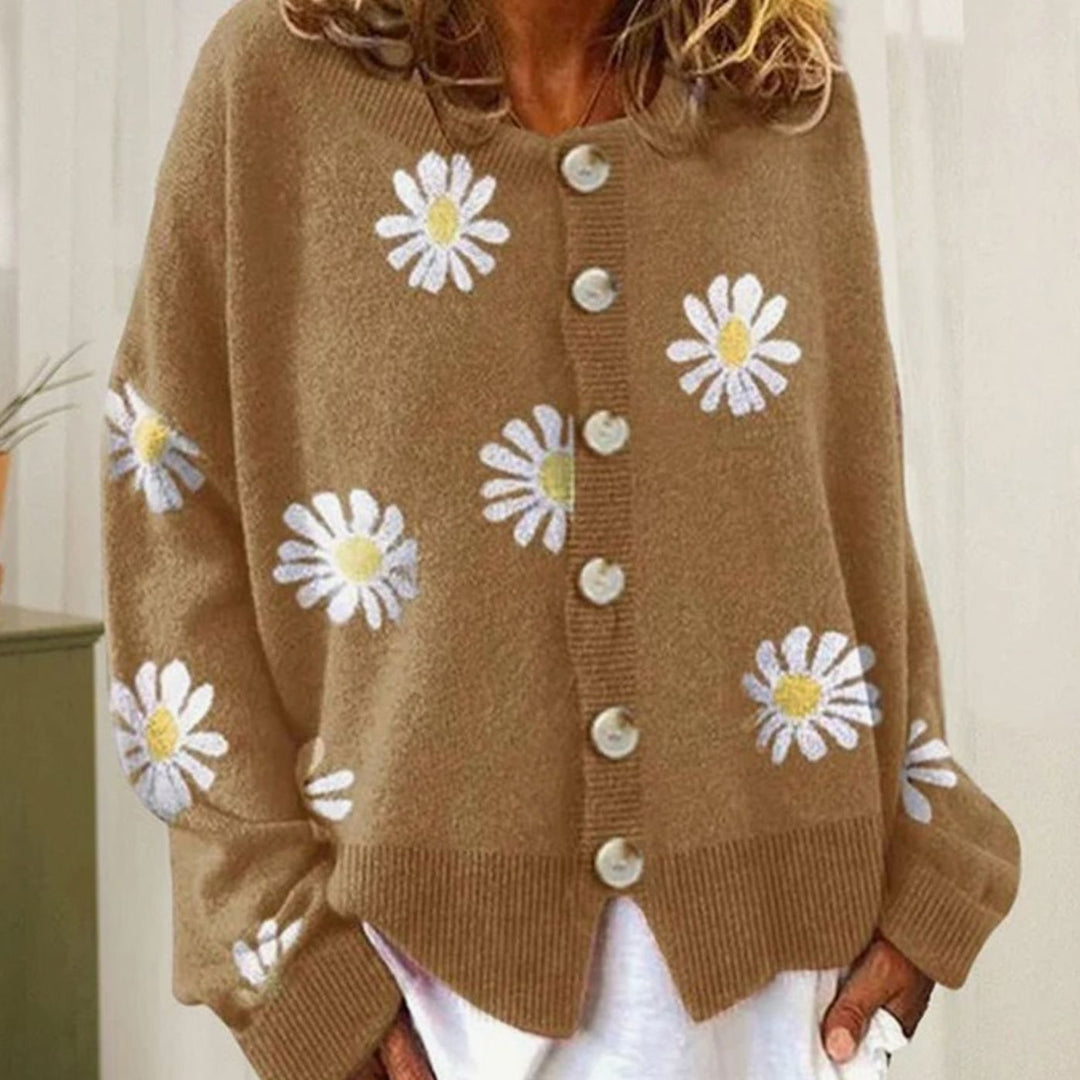 Women's Daisy Floral Button-Up Relaxed-Fit Knit Winter Cardigan